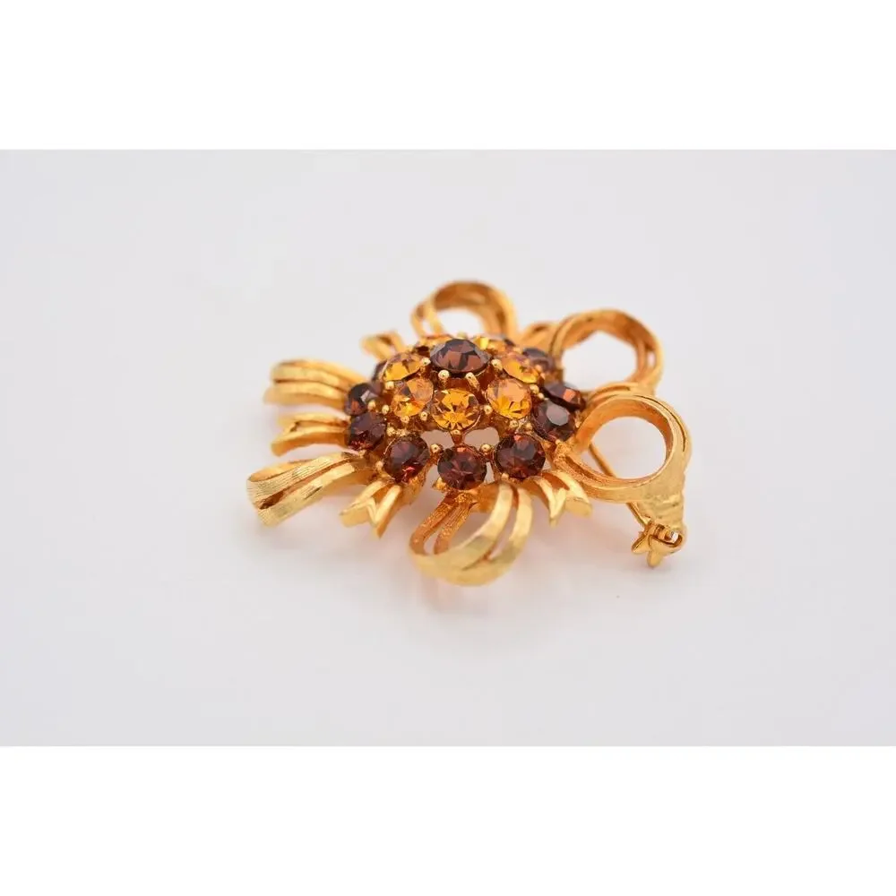 Lisner Vintage Flower Pin Brooch Amber Rhinestone Crystal Gold Signed 50s Bin5B